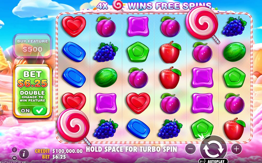 Base game grid of candy and fruit symbols