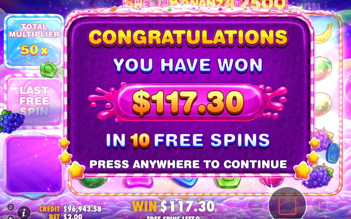 Win screen during a tumble sequence of one spin